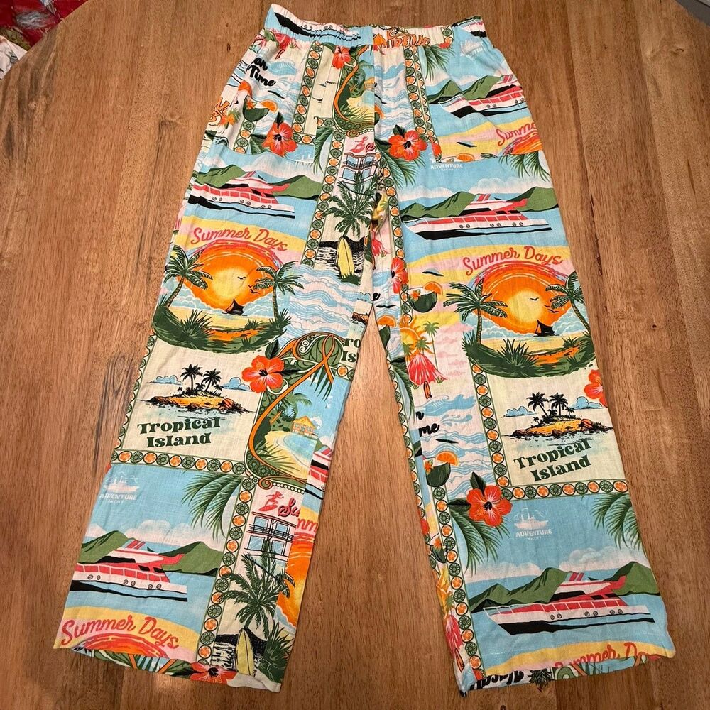 Women’s Wide Leg‎ Resort Wear Spring Break Beach Size Medium Pants Linen Blend